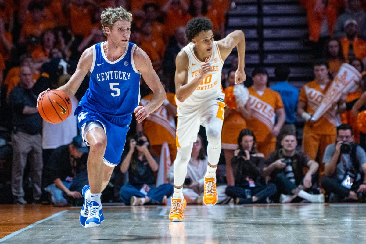 Kentucky Wildcats guard Collin Chandler steals the ball and races to the opposite end of the court during the basketball game against Tennessee on Saturday, Jan. 17, 2026, at Thompson-Boling Arena in Knoxville, Tn. Kentucky won 80-78. Photo by Will Luckett | Photo Manager
