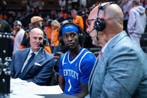Kentucky Wildcats guard Denzel Aberdeen gets interviewed after the basketball game against Tennessee on Saturday, Jan. 17, 2026, at Thompson-Boling Arena in Knoxville, Tn. Kentucky won 80-78. Photo by Will Luckett | Photo Manager
