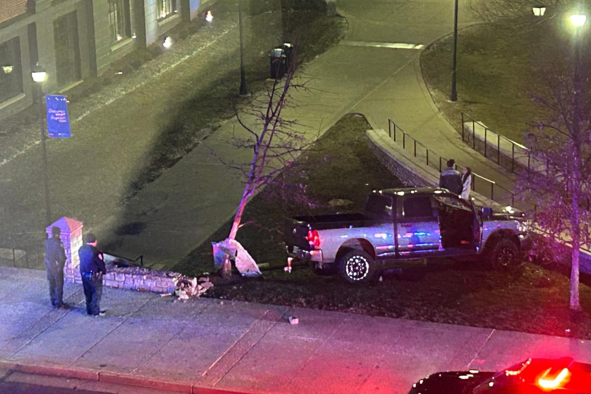 A truck crashed into a brick wall at 12:57 a.m. near the Gatton Student Center in Lexington, Ky., on Friday, Jan. 16, 2026. Photo by Gray Seibert | Staff