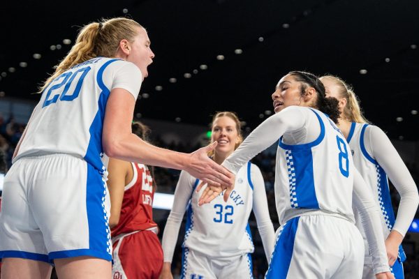 Kentucky players celebrate in UK vs OKLA in Memorial Coliseum, Lexington, Ky on Sunday, Jan 11, 2026.  Photo taken by Peyton Tindall | Staff