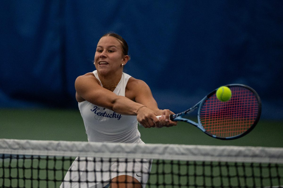 Kentucky's Reese Sager (left) and Asuncion Jadue (right) celebrate during after a point during the Kentucky vs EKU women's tennis match on Jan 17, 2026, in the Boone Center in Lexington, Ky. Photo by Jack Bates | Staff
