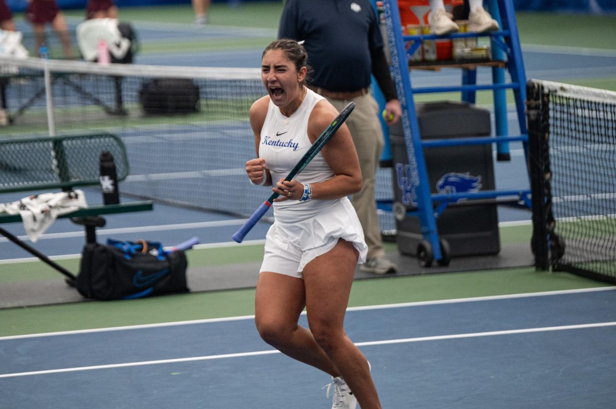 Kentucky's Asuncion Jadue celebrates a match win during the Kentucky vs EKU women's tennis match on Jan 17, 2026, in the Boone Center in Lexington, Ky. Photo by Jack Bates | Staff
