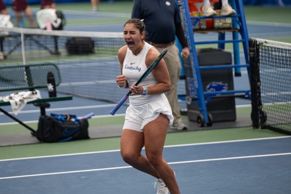 Kentucky's Asuncion Jadue celebrates a match win during the Kentucky vs EKU women's tennis match on Jan 17, 2026, in the Boone Center in Lexington, Ky. Photo by Jack Bates | Staff

