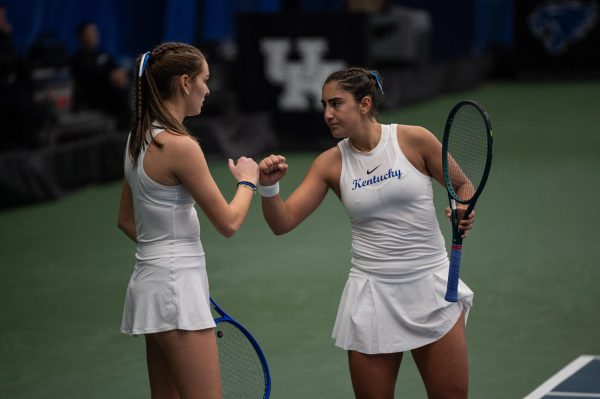 Kentucky's Reese Sager (left) and Asuncion Jadue (right) celebrate during after a point during the Kentucky vs EKU women's tennis match on Jan 17, 2026, in the Boone Center in Lexington, Ky. Photo by Jack Bates | Staff
