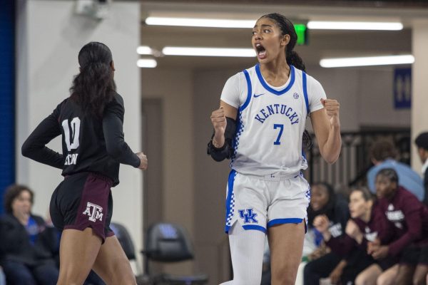 Kentucky wildcat Teonni Key (7) shows emotion after she socred at Historic Memorial Coliseum on Thursday, Feb. 12, 2026, in Lexington, Ky. Kentucky won 75 to 55. Photo by Vincenzo Ciaramitaro | Kentucky Kernel
