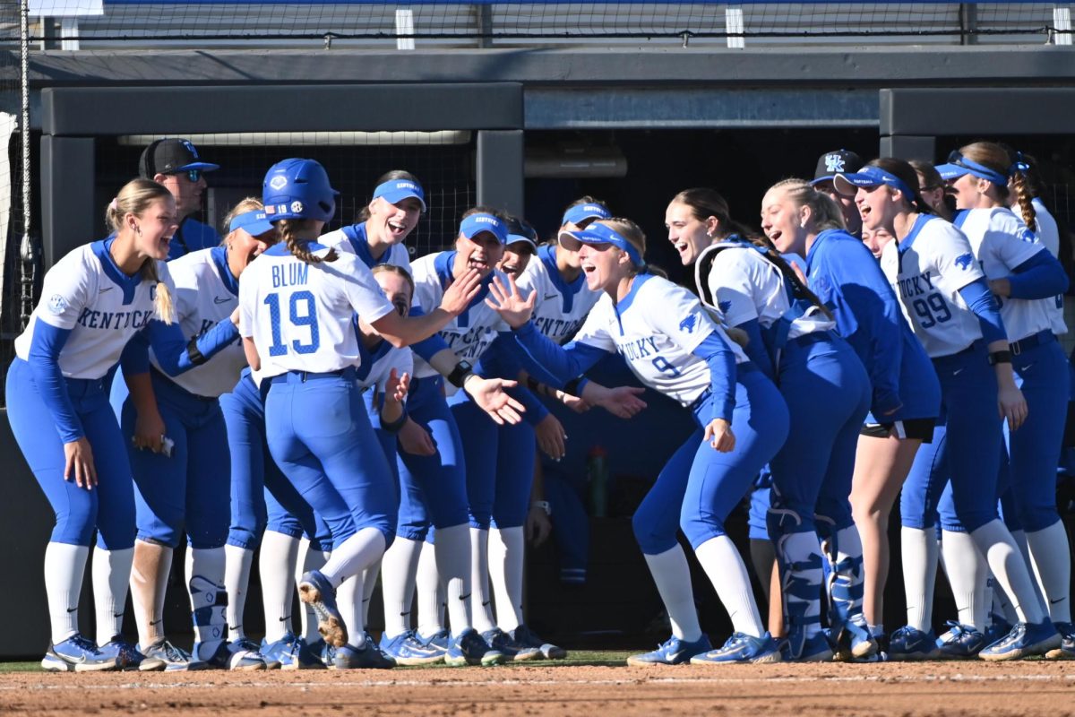 The Kentucky team celebrates second baseman Allie Blum's home run during the softball game against Michigan State on Friday, Feb. 27, 2026, at John Cropp Stadium in Lexington, Ky. Photo by Jack Bates | Kentucky Kernel
