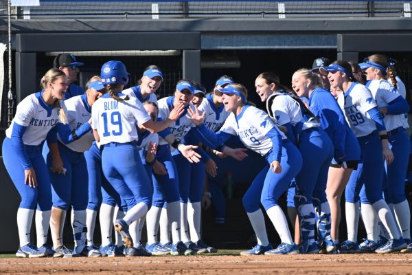 The Kentucky team celebrates second baseman Allie Blum's home run during the softball game against Michigan State on Friday, Feb. 27, 2026, at John Cropp Stadium in Lexington, Ky. Photo by Jack Bates | Kentucky Kernel
