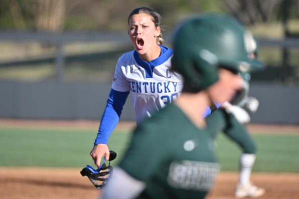 Kentucky pitcher Sarah Haendiges screams in celebration during the softball game against Michigan State on Friday, Feb. 27, 2026, at John Cropp Stadium in Lexington, Ky. Photo by Jack Bates | Kentucky Kernel
