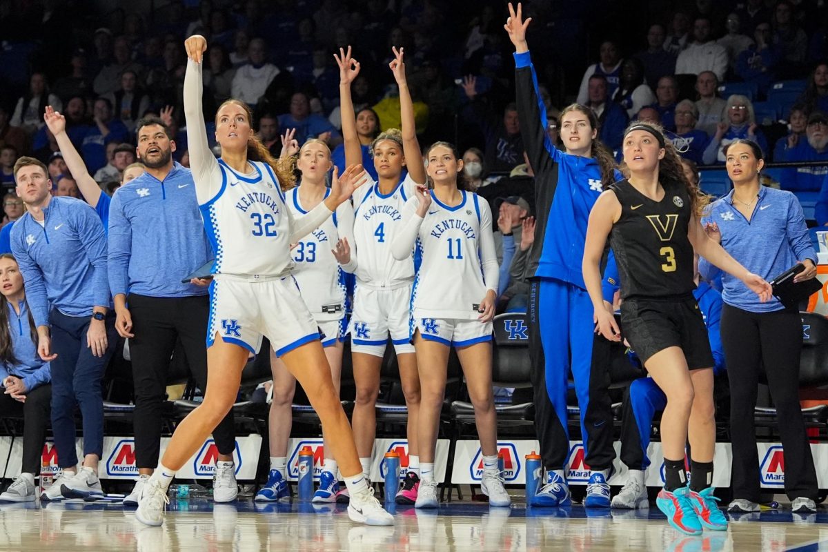 University of Kentucky Forward number 32 Amelia Hassett shoots a 3 in a UK loss to Vanderbilt on Thursday, Feb 5 2026 at Historic Memorial Coliseum Lexington, Ky. Photo taken by Peyton Tindall | Kentucky Kernel

