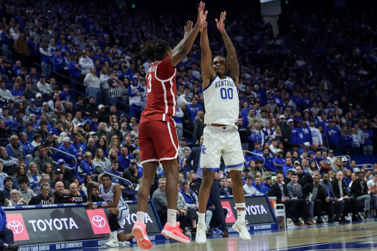 Kentucky Wildcats guard Otega Oweh (00) shoots over Oklahoma guard Jeff Nwankwo (3) at Rupp Arena on Wednesday, Feb. 4, 2026, Lexington, Ky. Photo by Brooke Johnson | Kentucky Kernel

