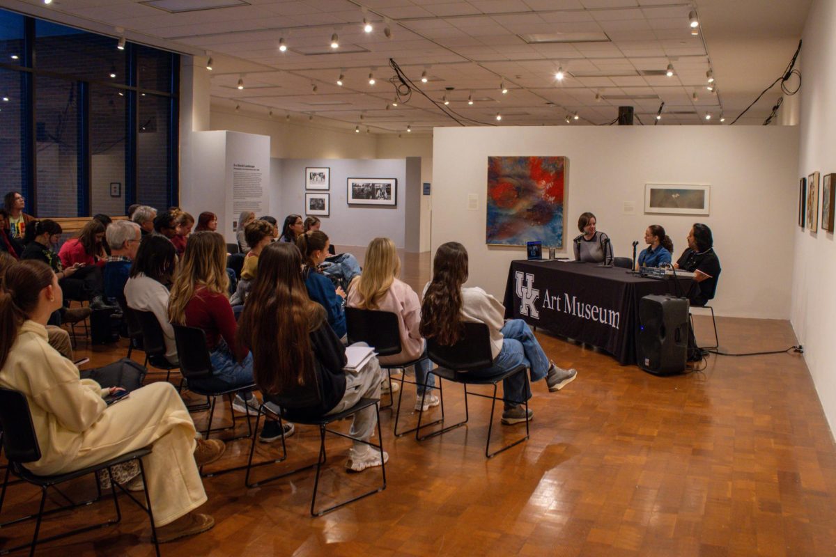 Shannon Alonzo and Carlos Rosales-Silva speaking during a discussion facilitated by curator, Rachel Hooper, at the Meet the Artists of Ecstatic Personas event in the University of Kentucky Art Museum on Thursday, January 29, 2026 in Lexington, Ky. Photo by Holly Netzley.
