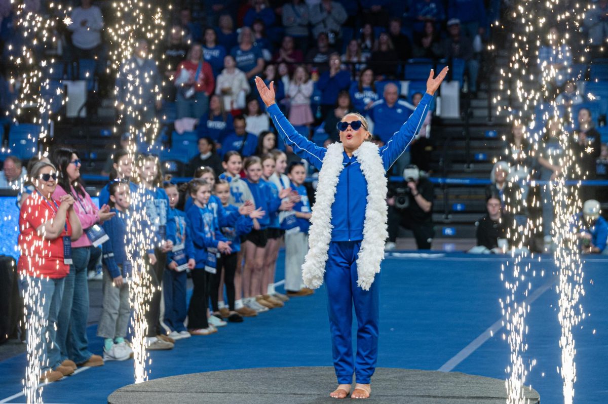 Kentucky sophomore Alyssa Orgen gets introduced during the Kentucky vs Missouri gymnastics meet on Feb 13, 2026, at Memorial Coliseum, in Lexington Ky. Missouri won 196.825-196.800. Photo by Jack Bates | Kentucky Kernel
