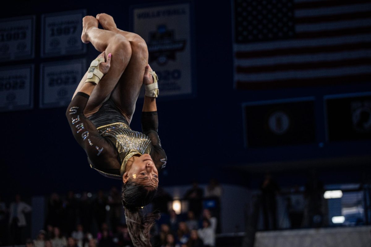 Missouri junior Kennedy Griffin flips during her floor performance during the Kentucky vs Missouri gymnastics meet on Feb 13, 2026, at Memorial Coliseum, in Lexington Ky. Missouri won 196.825-196.800. Photo by Jack Bates | Kentucky Kernel

