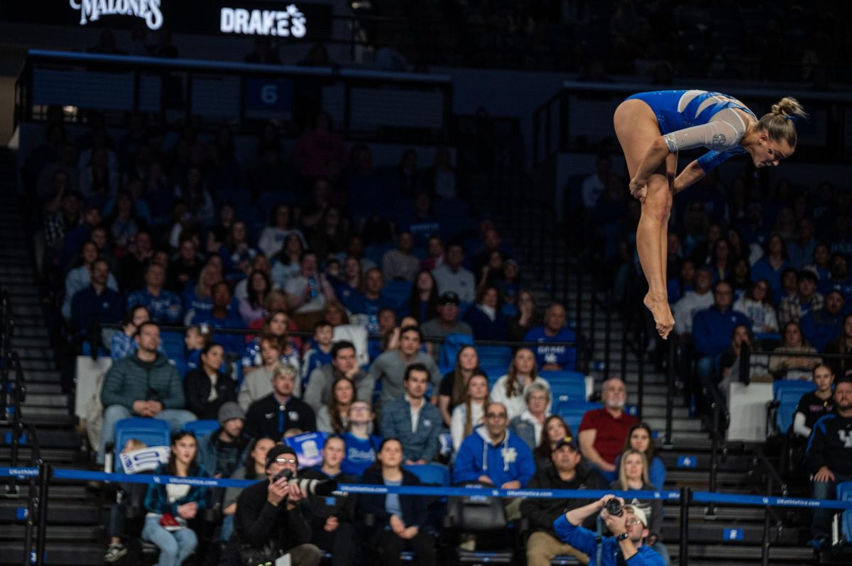 Kentucky junior Creslyn Brose soars during the Kentucky vs Missouri gymnastics meet on Feb 13, 2026, at Memorial Coliseum, in Lexington Ky. Missouri won 196.825-196.800. Photo by Jack Bates | Kentucky Kernel
