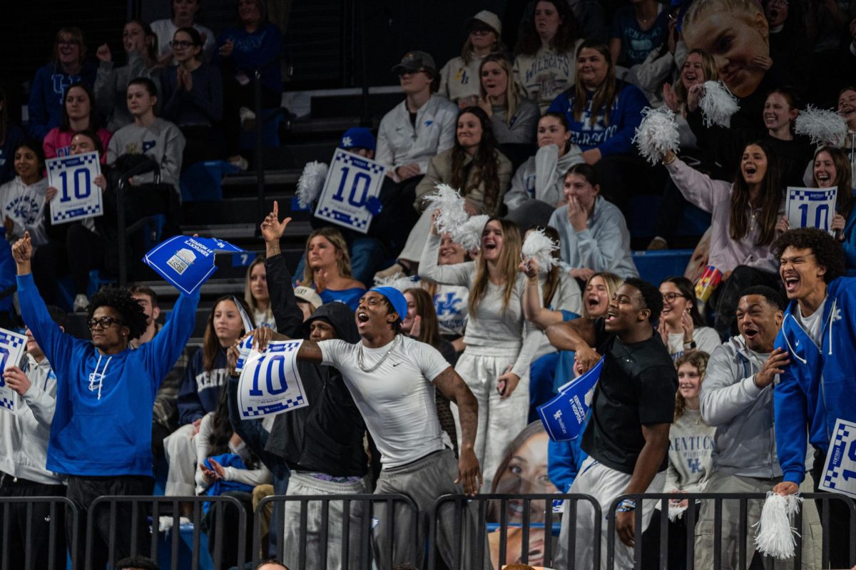 The Kentucky crowd celebrates Creslyn Brose's floor performance during the Kentucky vs Missouri gymnastics meet on Feb 13, 2026, at Memorial Coliseum, in Lexington Ky. Missouri won 196.825-196.800. Photo by Jack Bates | Kentucky Kernel
