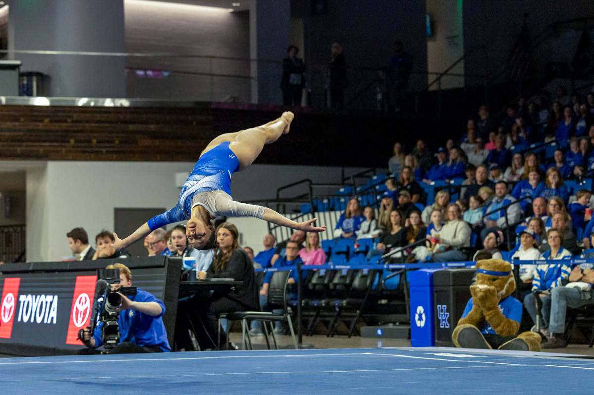 Kentucky gymnast flips during her floor routine during the Women’s Gymnastics meet against Missouri on Friday, Feb. 13, 2026, at Memorial Coliseum in Lexington, Ky. Missouri won 196.825 - 196.800. Photo by Kate Bonafede | Kentucky Kernel