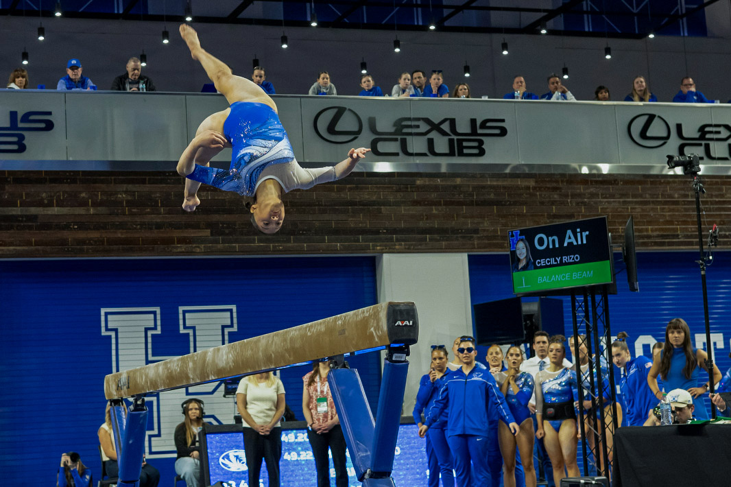 Kentucky gymnast Cecily Rizo compete on beam during the Women’s Gymnastics meet against Missouri on Friday, Feb. 13, 2026, at Memorial Coliseum in Lexington, Ky. Missouri won 196.825 - 196.800. Photo by Kate Bonafede | Kentucky Kernel