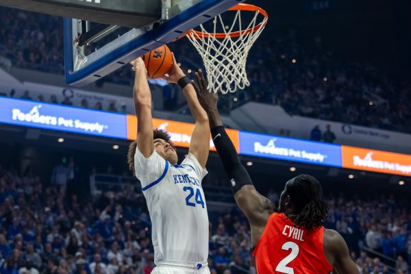 Kentucky Wildcats center Malachi Moreno (24) dunks the ball over Georgia center Somtochukwu “Somto” Cyril (2) during the men’s basketball game at Rupp Arena on Tuesday, Feb. 17, 2026, in Lexington, Ky. Photo by Brooke Johnson | Kentucky Kernel
