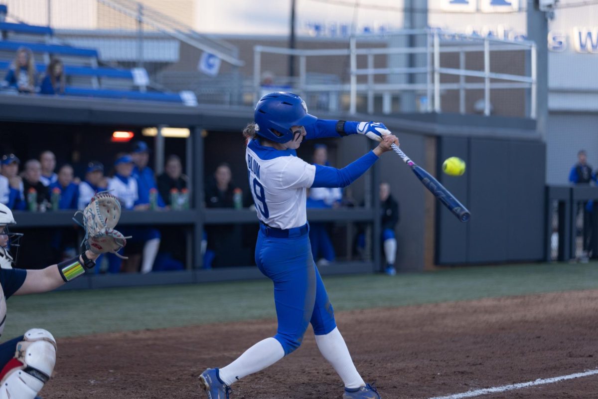 Kentucky Wildcats infielder Allie Blum hitting the ball against the Dayton Flyers at John Cropp Stadium on Friday, Feb. 27, 2026, in Lexington, Ky. Kentucky won 5-1. Photo by Vincenzo Ciaramitaro | Kentucky Kernel

