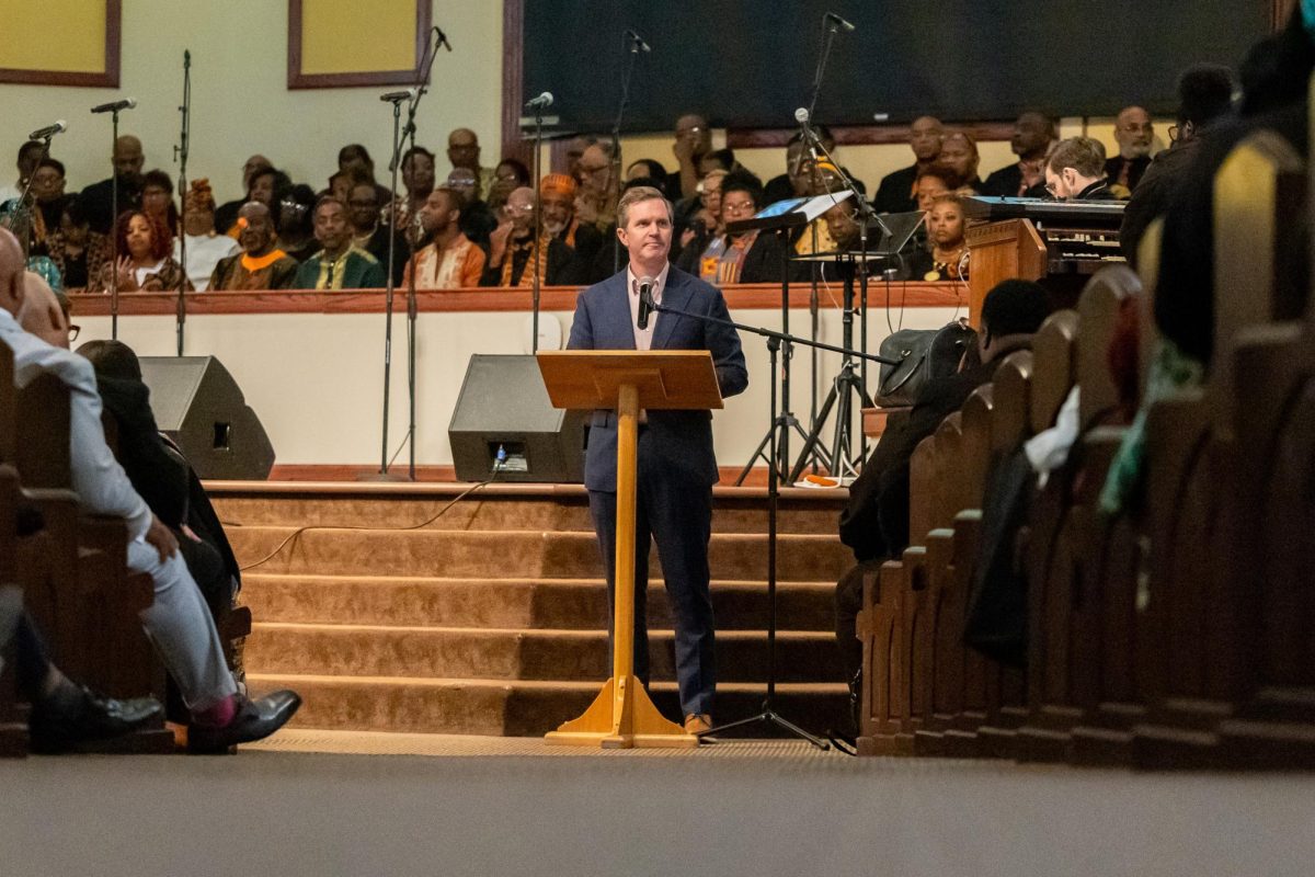 Governer Andy Beshear speaks during the Lift Every Voice service at Consolidated Baptist Church on Sunday, Feb. 22, 2026, in Lexington, Ky. Photo by Brooke Johnson | Kentucky Kernel