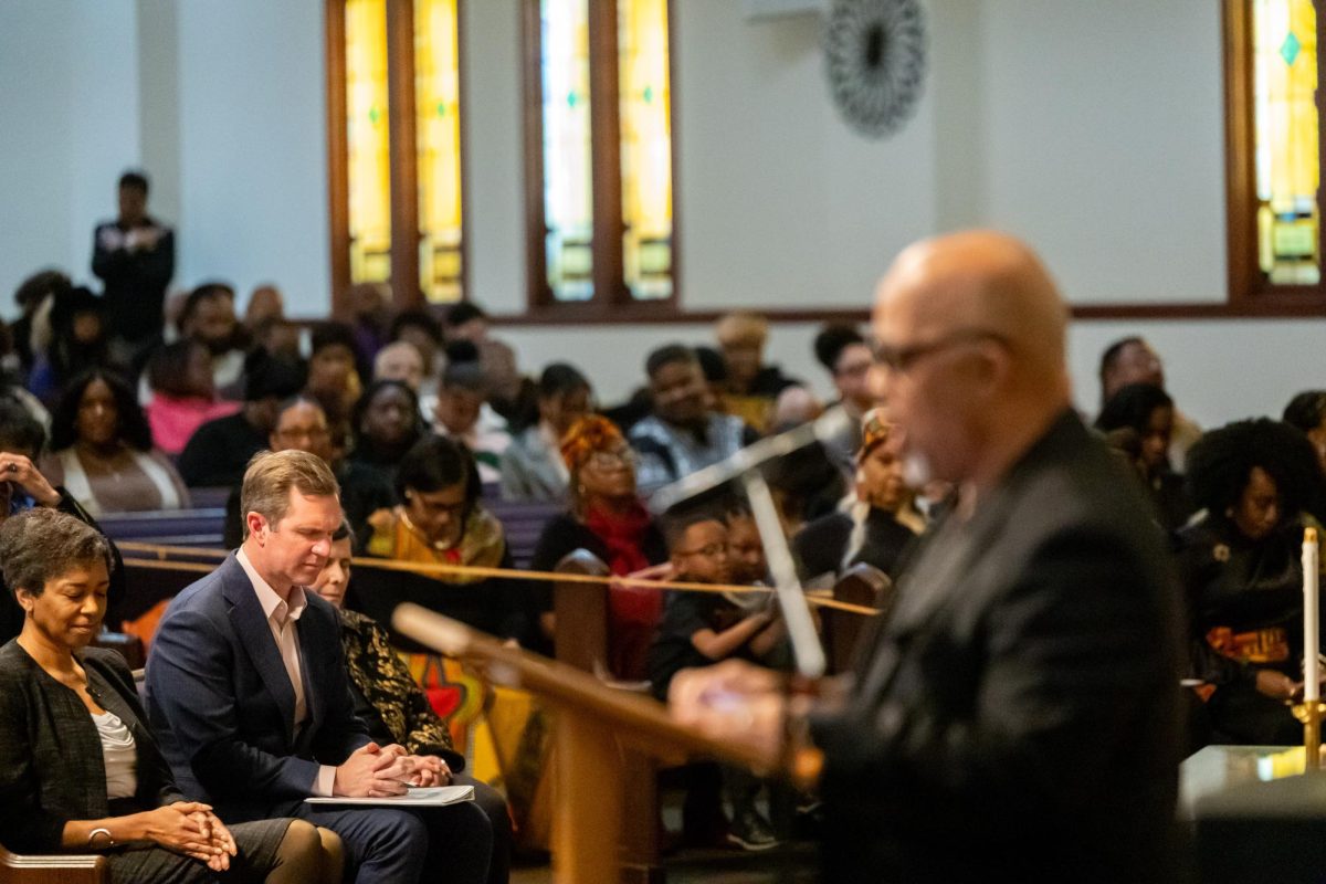 Governer Andy Beshear prays during the Lift Every Voice service at Consolidated Baptist Church on Sunday, Feb. 22, 2026, in Lexington, Ky. Photo by Brooke Johnson | Kentucky Kernel