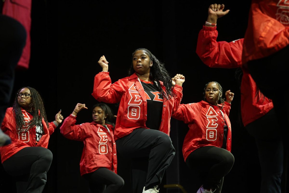 Delta Sigma Theta Sorority, Inc. members performing during the Divine Nine Black History Stepshow at The Lyric Theatre & Cultural Arts Center on Feb. 7th, 2026, in Lexington, Ky. Photo by Xavier Patterson | Kentucky Kernel
