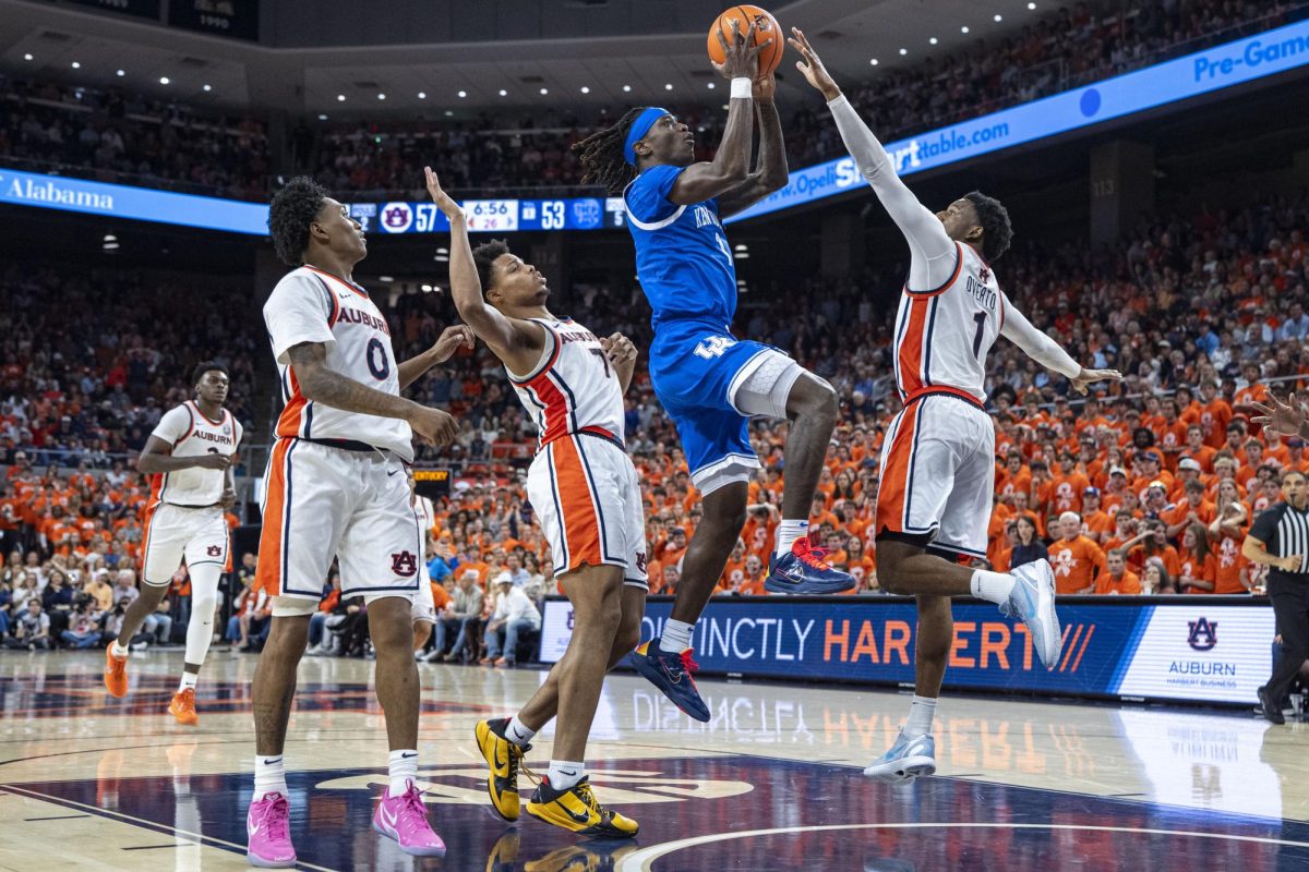 Kentucky Wildcats guard Denzel Aberdeen jumps to lay the ball up during the men’s basketball game against Auburn on Saturday, Feb. 21, 2026, at Neville Arena in Auburn, Al. Auburn won 75-74. Photo by Will Luckett | Kentucky Kernel
