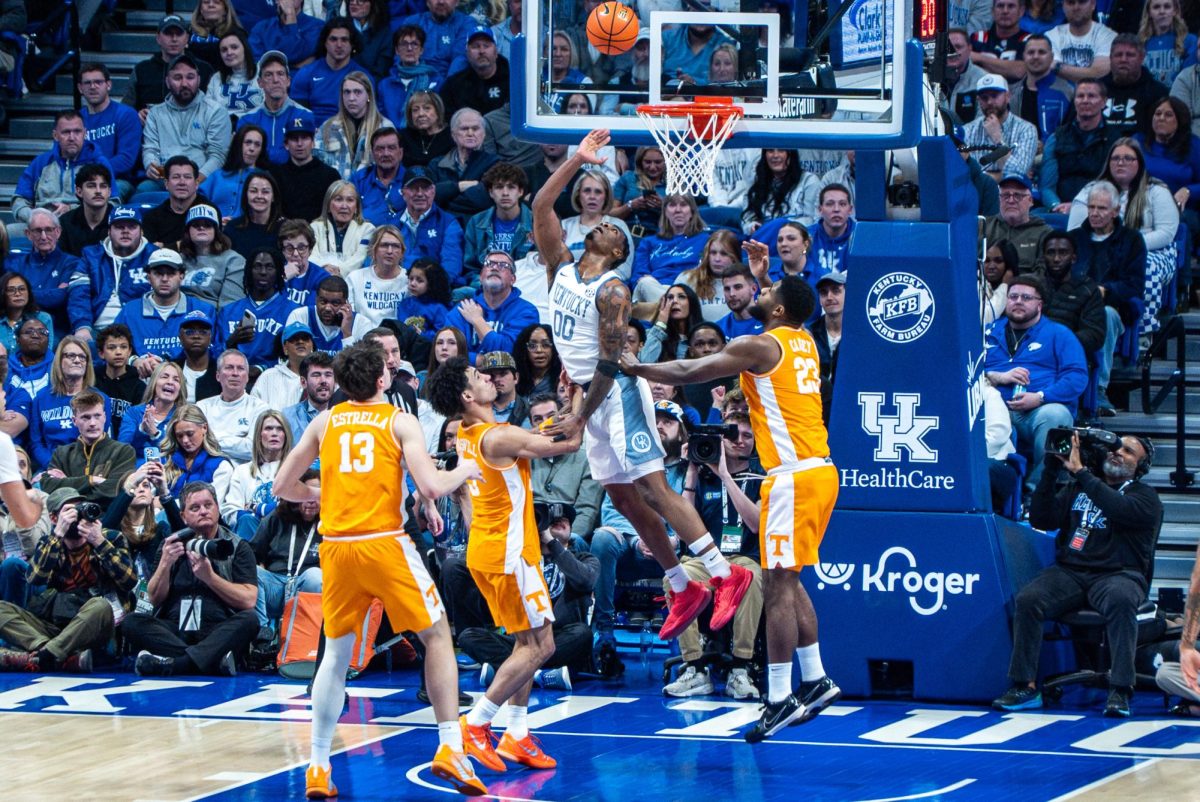 Kentucky Wildcats guard Otega Oweh lays the ball up during the men’s basketball game against Tennessee on Saturday, Feb. 7, 2026, at Rupp Arena in Lexington, Ky. Photo by Will Luckett | Kentucky Kernel
