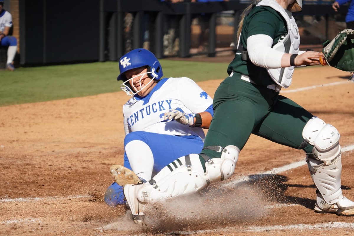 A Kentucky player slides to home plate during the softball game against Michigan State on Friday, Feb. 27, 2026, at John Cropp Stadium in Lexington, Ky. Photo by Dean Snopek | Kentucky Kernel
