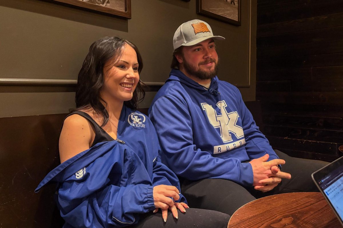 Katy Lawrence, left, smiles with her boyfriend, Blaine Donlon, right, while talking about rugby at the William T. Young Library on Feb. 3rd, 2026, in Lexington, Ky. Photo by Xavier Patterson | Kentucky Kernel
