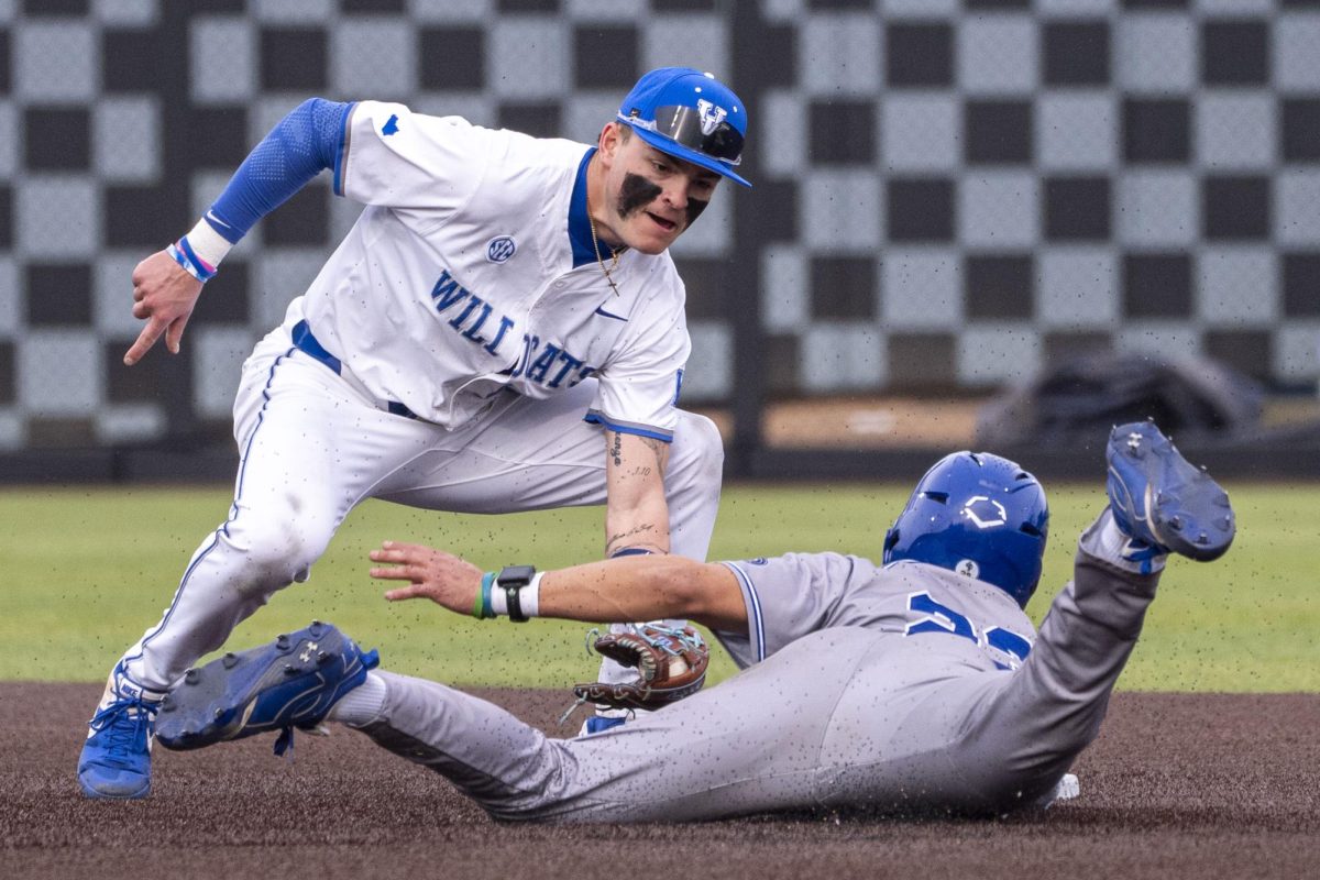 Kentucky Wildcats infielder Luke Lawrence applies the tag to a baserunner during the baseball game against Morehead State on Tuesday, Feb. 17, 2026, at Kentucky Proud Park in Lexington, Ky. Morehead State won 8-6. Photo by Will Luckett | Kentucky Kernel
