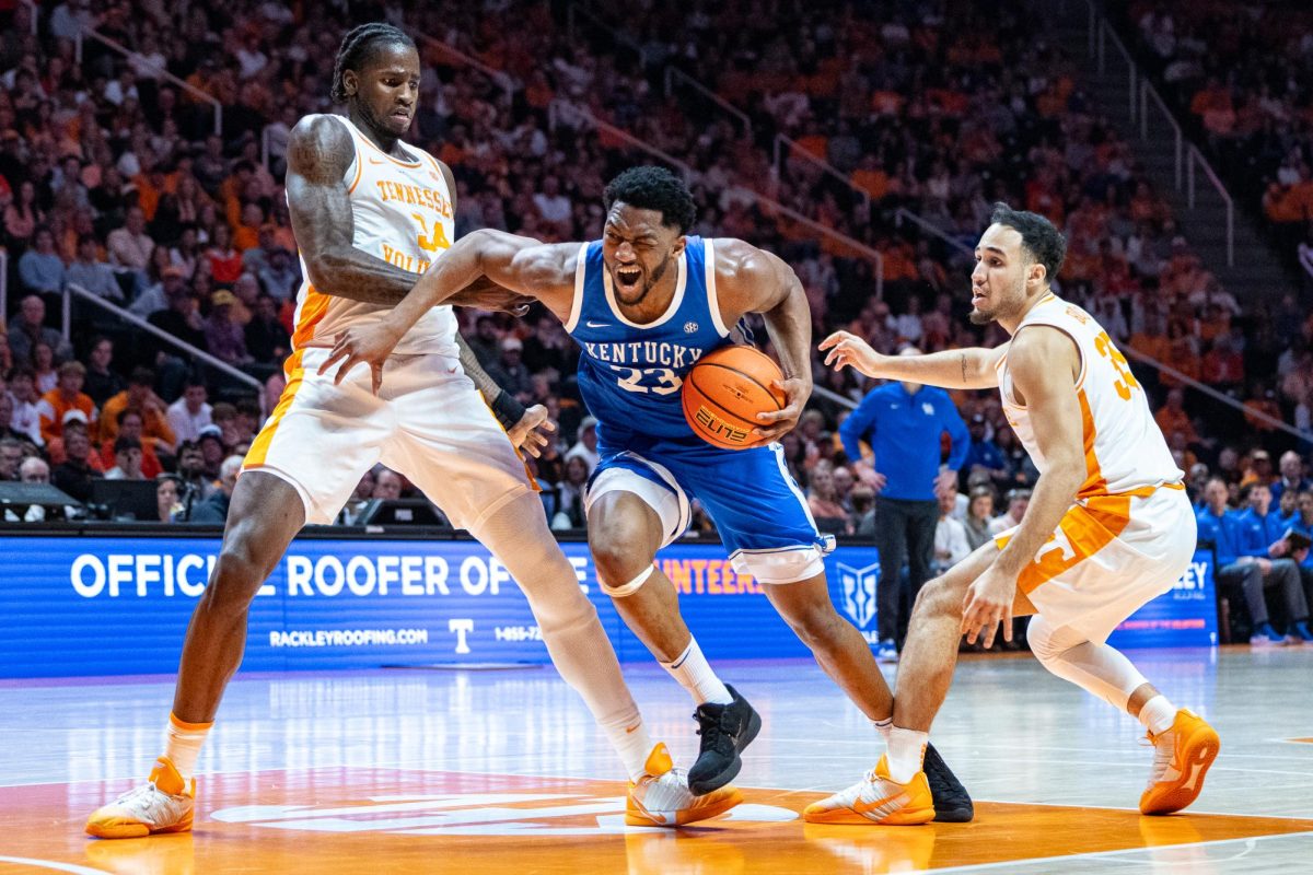Kentucky Wildcats forward Mouhamed Dioubate reacts after getting poked in the eye during the basketball game against Tennessee on Saturday, Jan. 17, 2026, at Thompson-Boling Arena in Knoxville, Tn. Kentucky won 80-78. Photo by Will Luckett | Photo Manager
