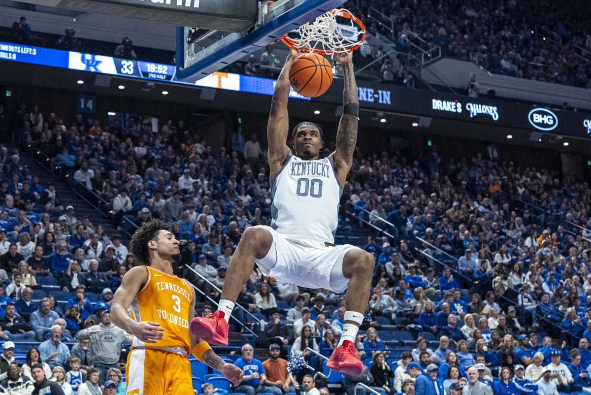Kentucky Wildcats guard Otega Oweh dunks the ball during the men’s basketball game against Tennessee on Saturday, Feb. 7, 2026, at Rupp Arena in Lexington, Ky. Kentucky won 74-71. Photo by Will Luckett | Kentucky Kernel
