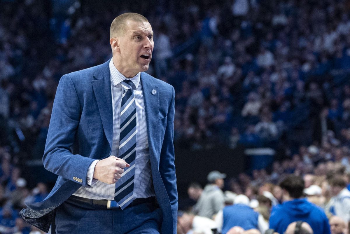 Kentucky Wildcats head coach Mark Pope yells towards the bench during the men’s basketball game against Tennessee on Saturday, Feb. 7, 2026, at Rupp Arena in Lexington, Ky. Kentucky won 74-71. Photo by Will Luckett | Kentucky Kernel
