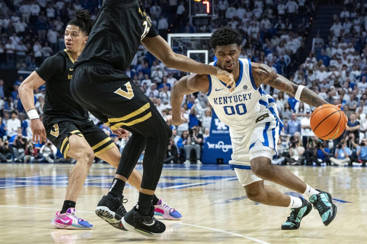 Kentucky guard Otega Oweh gets hit while dribbling the ball during the men’s basketball game against Vanderbilt on Saturday, Feb. 28, 2026, at Rupp Arena in Lexington, Ky. Kentucky won 91-77. Photo by Will Luckett | Kentucky Kernel
