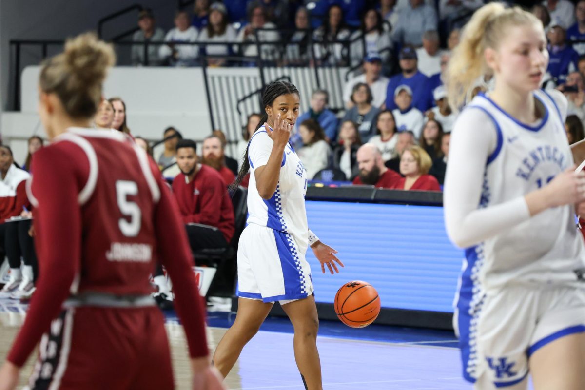 The University of Kentucky Women's Basketball guard Toni Morgan asks for a screen in UK's loss to South Carolina 60-56 at the Historic Memorial Coliseum Lexington, Ky on Sunday Mar. 1, 2026. Photo taken by Peyton Tindall | Kentucky Kernel
