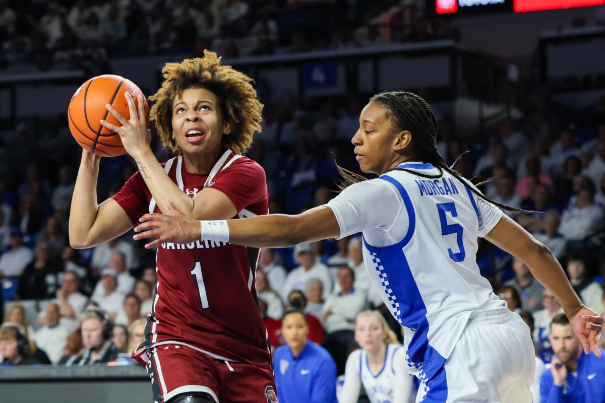 The University of Kentucky Women's Basketball guard Toni Morgan attempts to defend South Carolina guard Maddy McDaniel in UK's loss to South Carolina 60-56 at the Historic Memorial Coliseum Lexington, Ky on Sunday Mar. 1, 2026. Photo taken by Peyton Tindall | Kentucky Kernel

