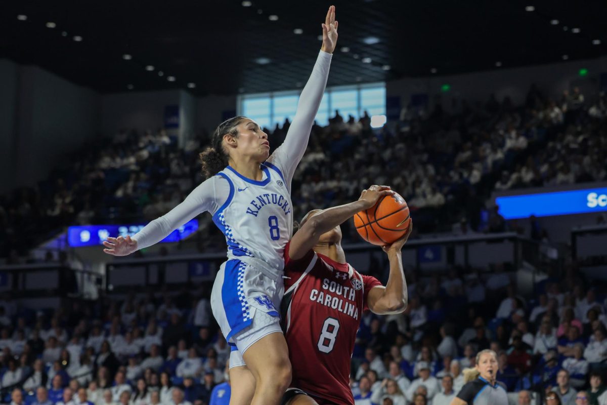 University of South Carolina forward Joyce Edwards is slow to get up after a foul by Kentucky guard Asia Boone during the University of Kentucky Women's basketball loss to the University of South Carolina 56-60 at the Historic Memorial Coliseum Lexington, Ky on Sunday Mar. 1, 2026. Photo taken by Peyton Tindall | Kentucky Kernel
