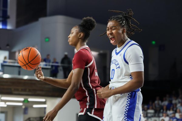 The University of Kentucky Women's Basketball forward Jordan Obi celebrates after a block in UK's loss to South Carolina 60-56 at the Historic Memorial Coliseum Lexington, Ky on Sunday Mar. 1, 2026. Photo taken by Peyton Tindall | Kentucky Kernel
