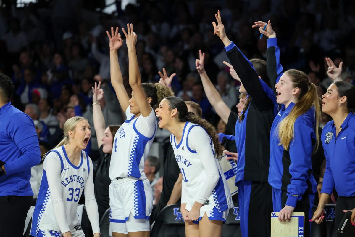 The University of Kentucky Women's Basketball bench celebrates a three pointer in UK's loss to USC 60-56 at the Historic Memorial Coliseum Lexington, Ky on Sunday Mar. 1, 2026. Photo taken by Peyton Tindall | Kentucky Kernel
