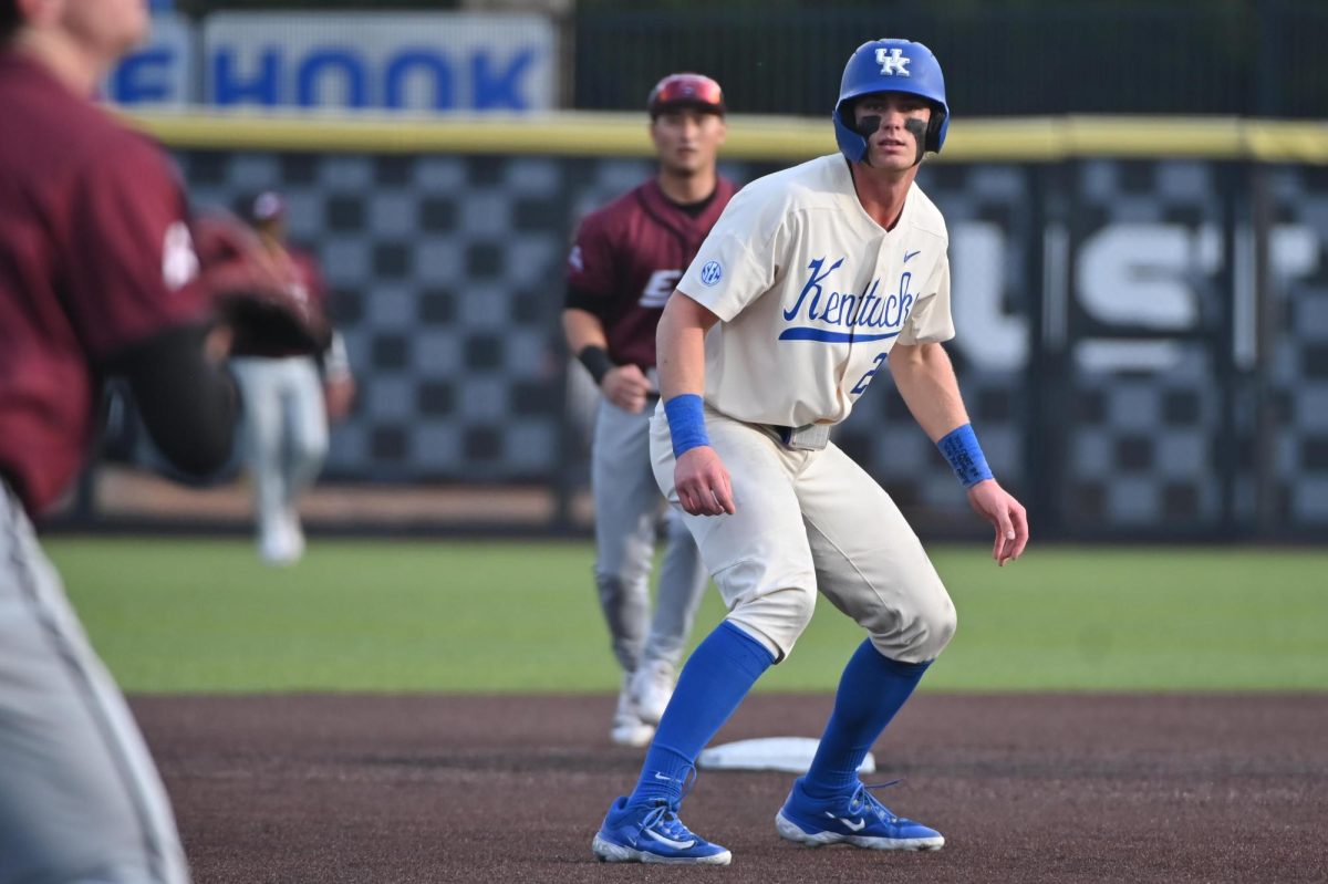Kentucky first baseman Hudson Brown stares at the third base during the baseball game against Eastern Kentucky on Wednesday, March 4, 2026, at Kentucky Proud Park in Lexington, Ky. Photo by Jack Bates | Kentucky Kernel