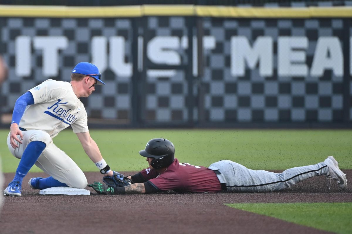 Kentucky second baseman Ethan Hindle tags out Eastern Kentucky second baseman Kobe Benson during the baseball game against Eastern Kentucky on Wednesday, March 4, 2026, at Kentucky Proud Park in Lexington, Ky. Photo by Jack Bates | Kentucky Kernel