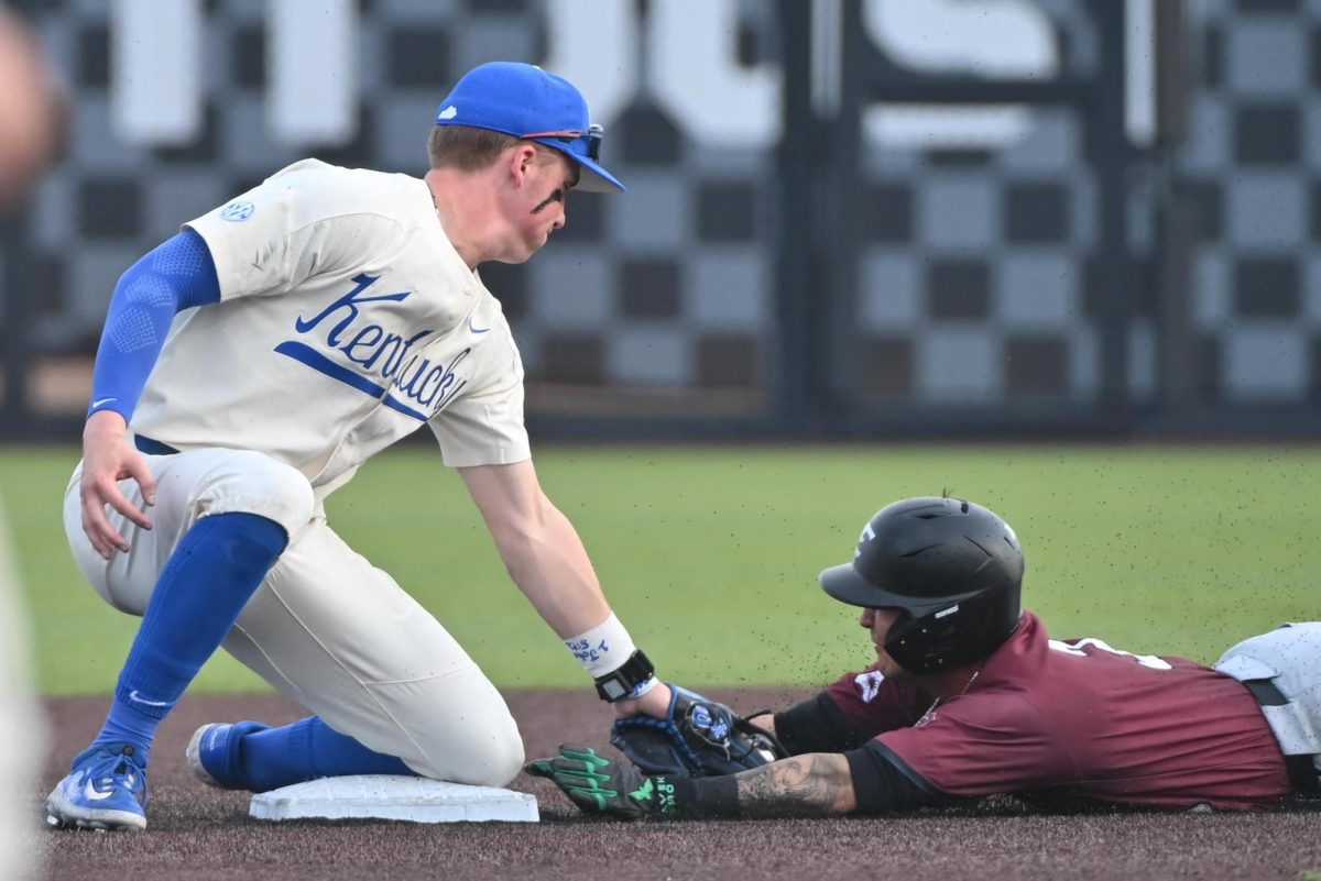 Kentucky second baseman Ethan Hindle tags out Eastern Kentucky second baseman Kobe Benson during the baseball game against Eastern Kentucky on Wednesday, March 4, 2026, at Kentucky Proud Park in Lexington, Ky. Photo by Jack Bates | Kentucky Kernel