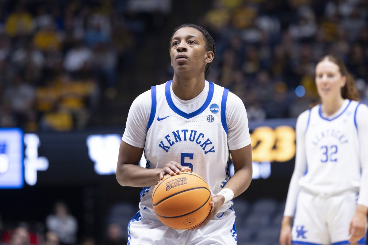 Kentucky guard Tonie Morgan shoots a free throw during the NCAA women’s basketball tournament game against James Madison on Saturday, March, 21, 2026, at Hope Coliseum in Morgantown, W.Va. Kentucky won 71-56. Photo by Kate Bonafede | Kentucky Kernel