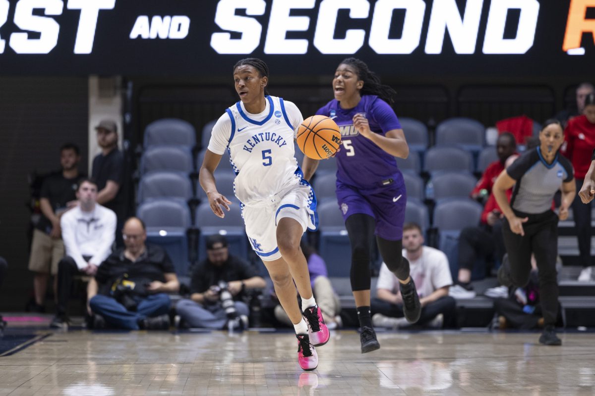 Kentucky guard Tonie Morgan drives the ball up the court during the NCAA women’s basketball tournament game against James Madison on Saturday, March, 21, 2026, at Hope Coliseum in Morgantown, W.Va. Kentucky won 71-56. Photo by Kate Bonafede | Kentucky Kernel