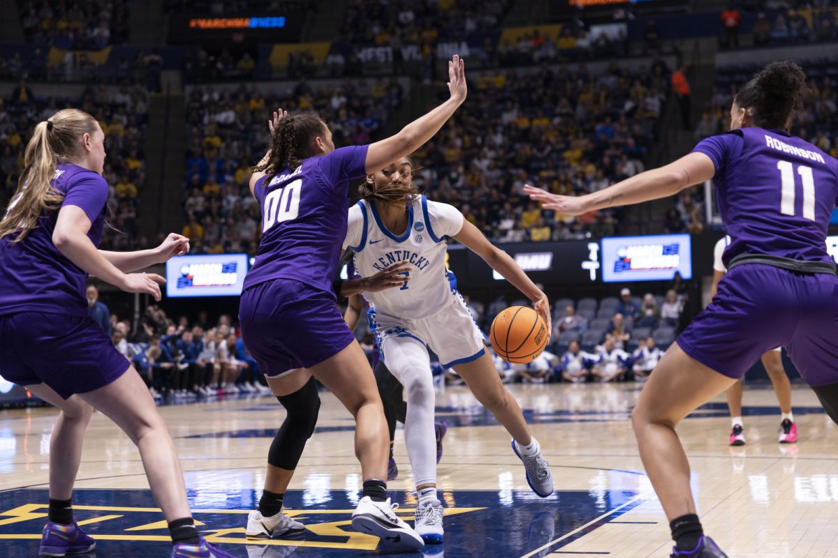 Kentucky forward Teonni Key drives to the basket during the NCAA women’s basketball tournament game against James Madison on Saturday, March 21, 2026, at Hope Coliseum in Morgantown, W.Va. Photo by Kate Bonafede | Kentucky Kernel