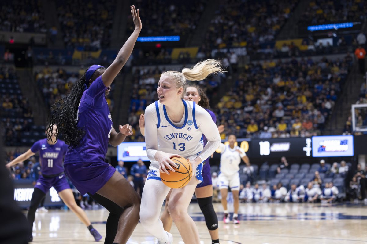 Kentucky center Clara Strack looks to pass the ball during the NCAA women’s basketball tournament game against James Madison on Saturday, March, 21, 2026, at Hope Coliseum in Morgantown, W.Va. Kentucky won 71-56. Photo by Kate Bonafede | Kentucky Kernel