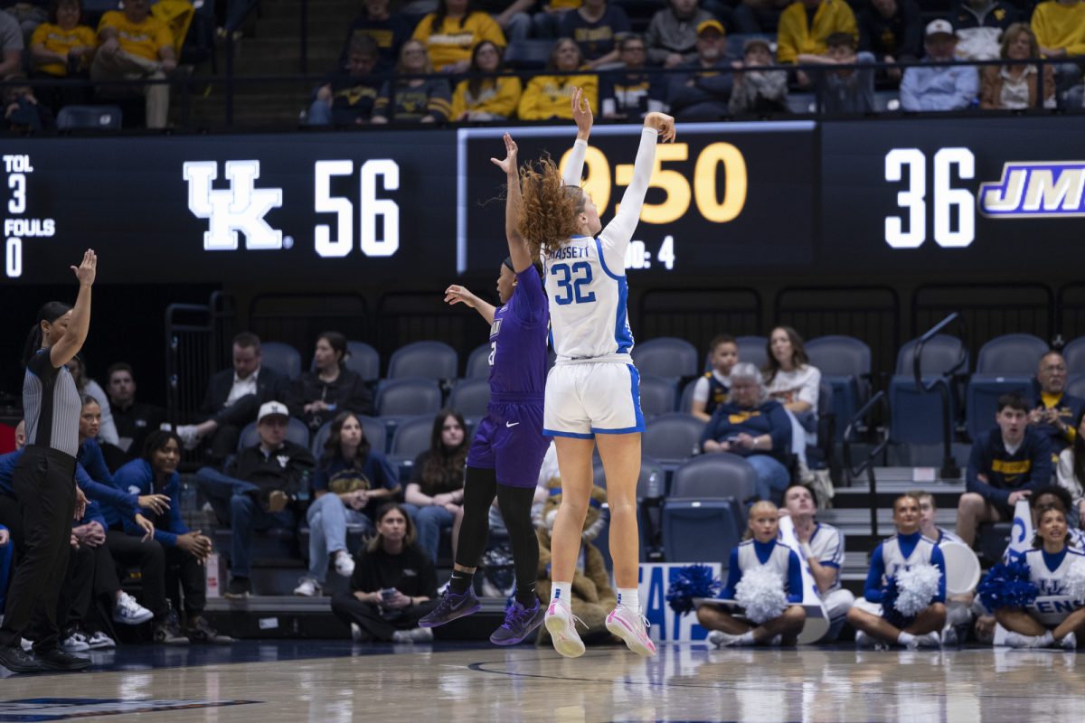 Kentucky forward Amelia Hassett shoots a three during the NCAA women’s basketball tournament game against James Madison on Saturday, March, 21, 2026, at Hope Coliseum in Morgantown, W.Va. Kentucky won 71-56. Photo by Kate Bonafede | Kentucky Kernel