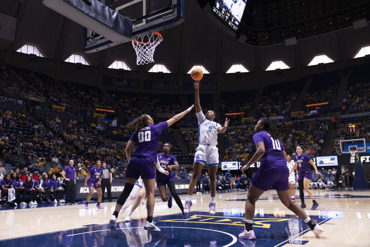 Kentucky forward Jordan Obi lays the ball up during the NCAA women’s basketball tournament game against James Madison on Saturday, March 21, 2026, at Hope Coliseum in Morgantown, W.Va. Photo by Kate Bonafede | Kentucky Kernel