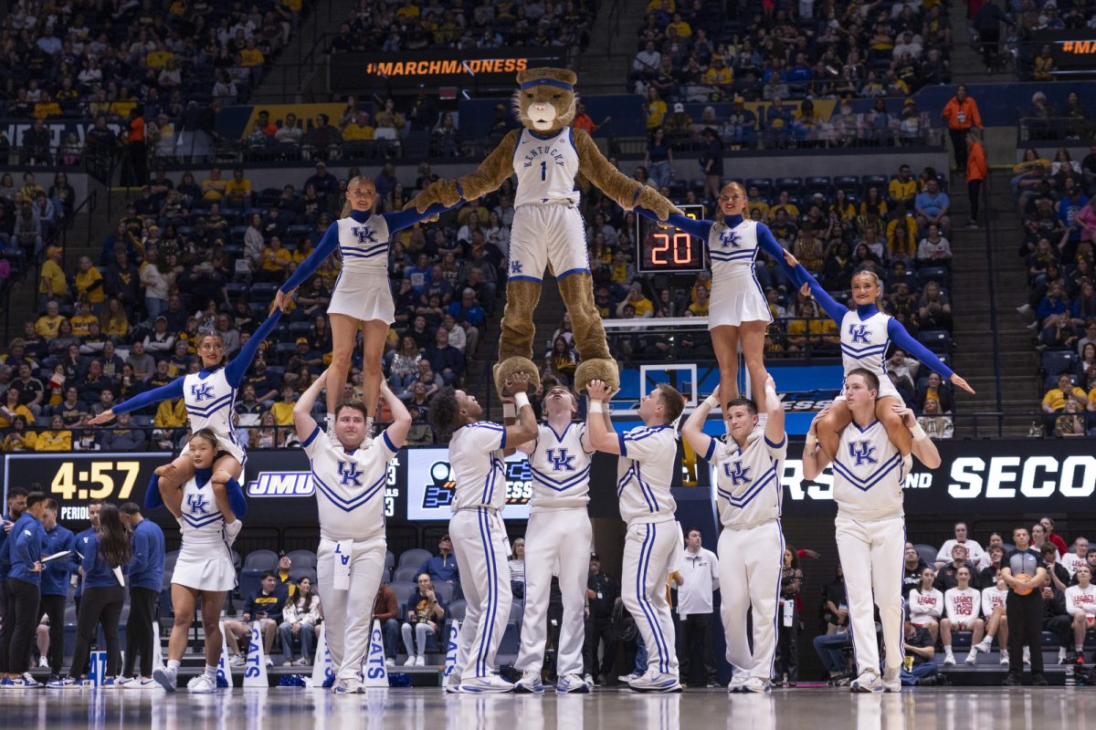 Kentucky cheerleaders preform during the NCAA women’s basketball tournament game against James Madison on Saturday, March, 21, 2026, at Hope Coliseum in Morgantown, W.Va. Kentucky won 71-56. Photo by Kate Bonafede | Kentucky Kernel